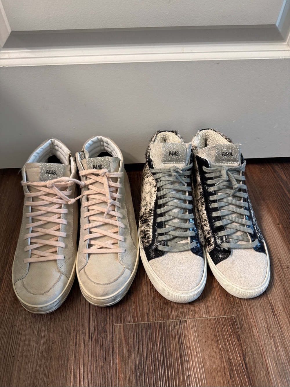 Set of Two P448 High-top Sneakers, Cow Softy Calf Hair Metallic, Pink Beige